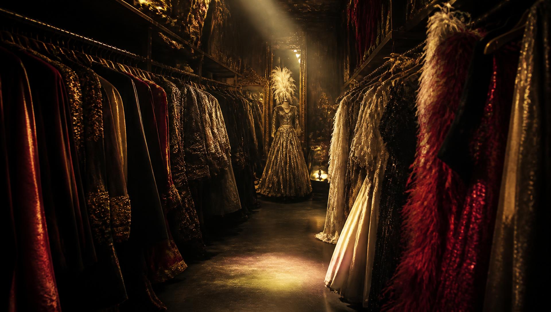 Rails of theatrical costumes under warm spotlights